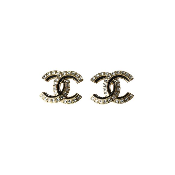 Chanel CC Crystal Strass Stud Earrings Black Gold - Picture 1 of 1